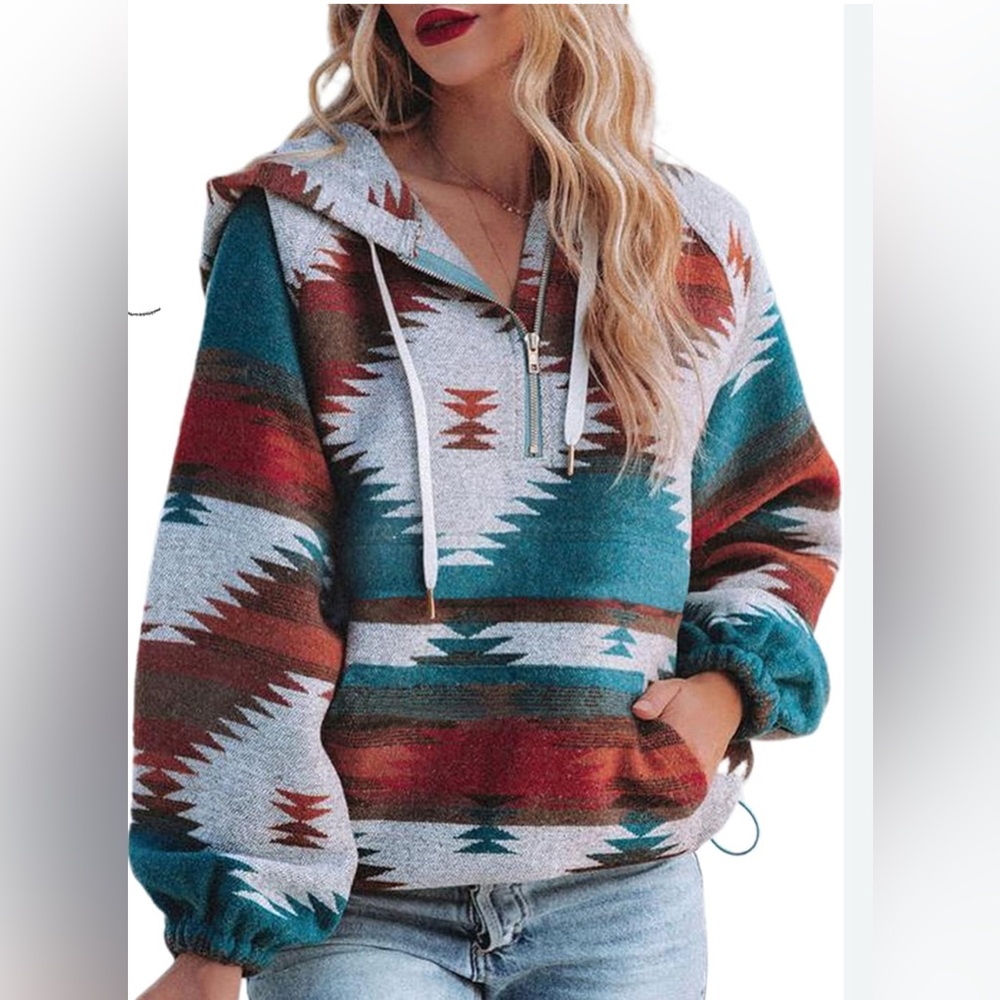 Southwestern Style Hoodie - Teal and Rust Size S/M